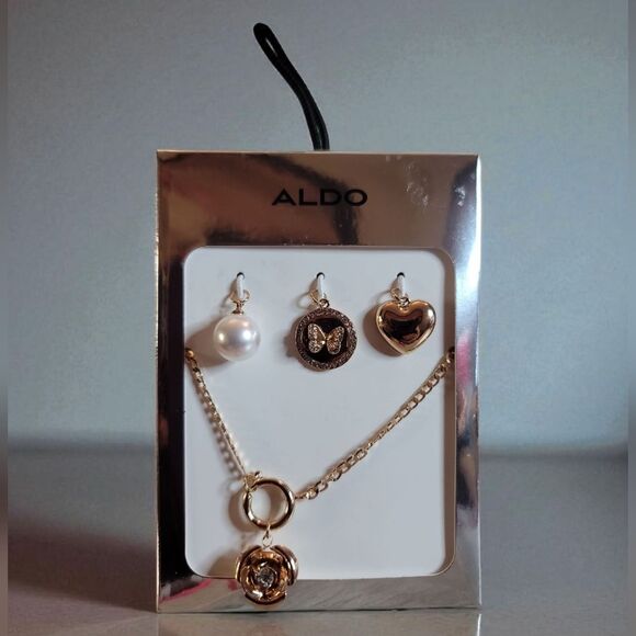 Aldo Gold Tone Rose Charm Necklace With Interchangeable Charms NWT - Picture 6 of 6